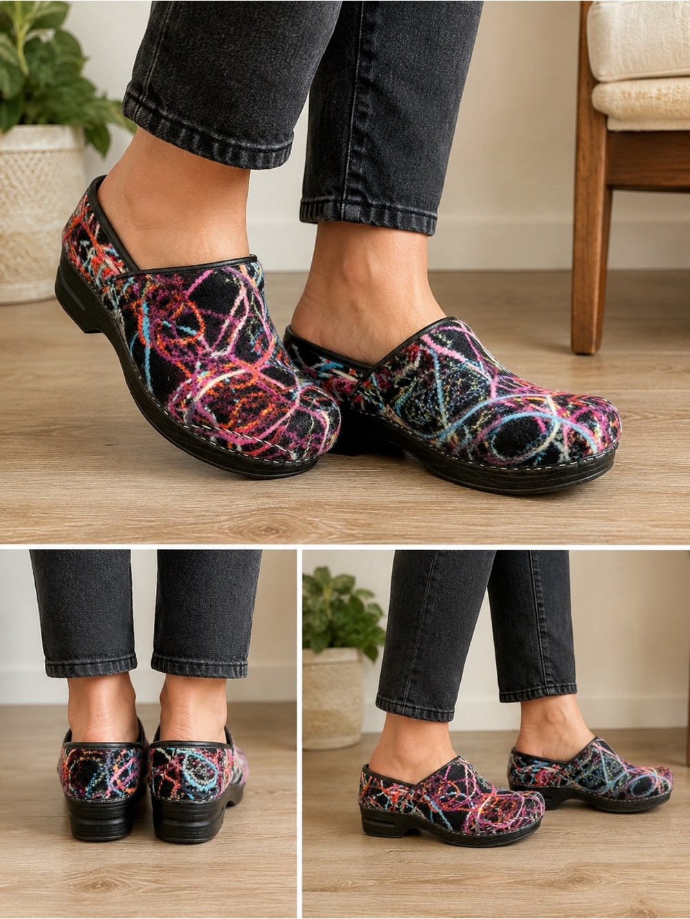Dansko Rare Abstract Felt Wool‎ Clogs Sz 42 Multicolor Professional Comfort Shoe